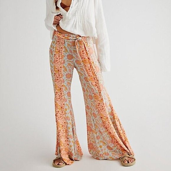 Free People Pants - Free People Bali Sultry Bohemian Flare Leg Pants Peach Combo, Size Medium, NEW